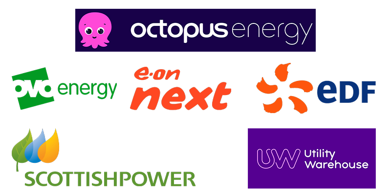 Graphic showing logos of UK energy suppliers including Octopus Energy, OVO, E.ON Next, EDF, ScottishPower, and Utility Warehouse — commonly used with smart EV chargers.